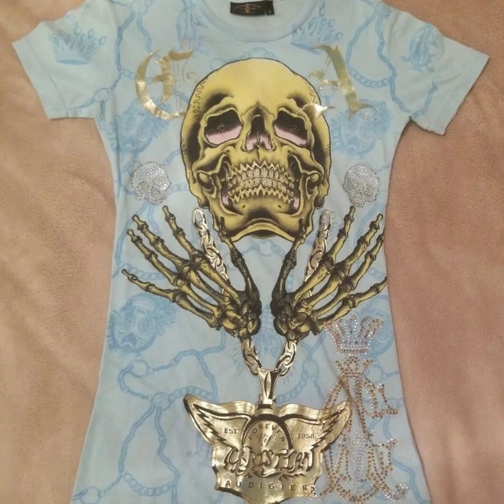 Womens Christian Audigier Skelton Shirt Size small